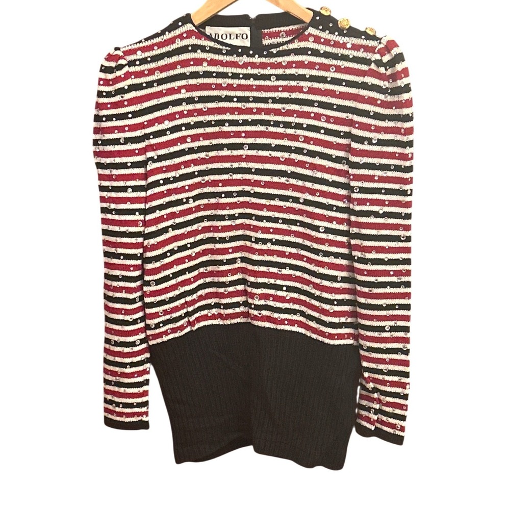 Vintage 80s Adolfo New York Rhinestone Nautical Stripe Sweater Gold Button